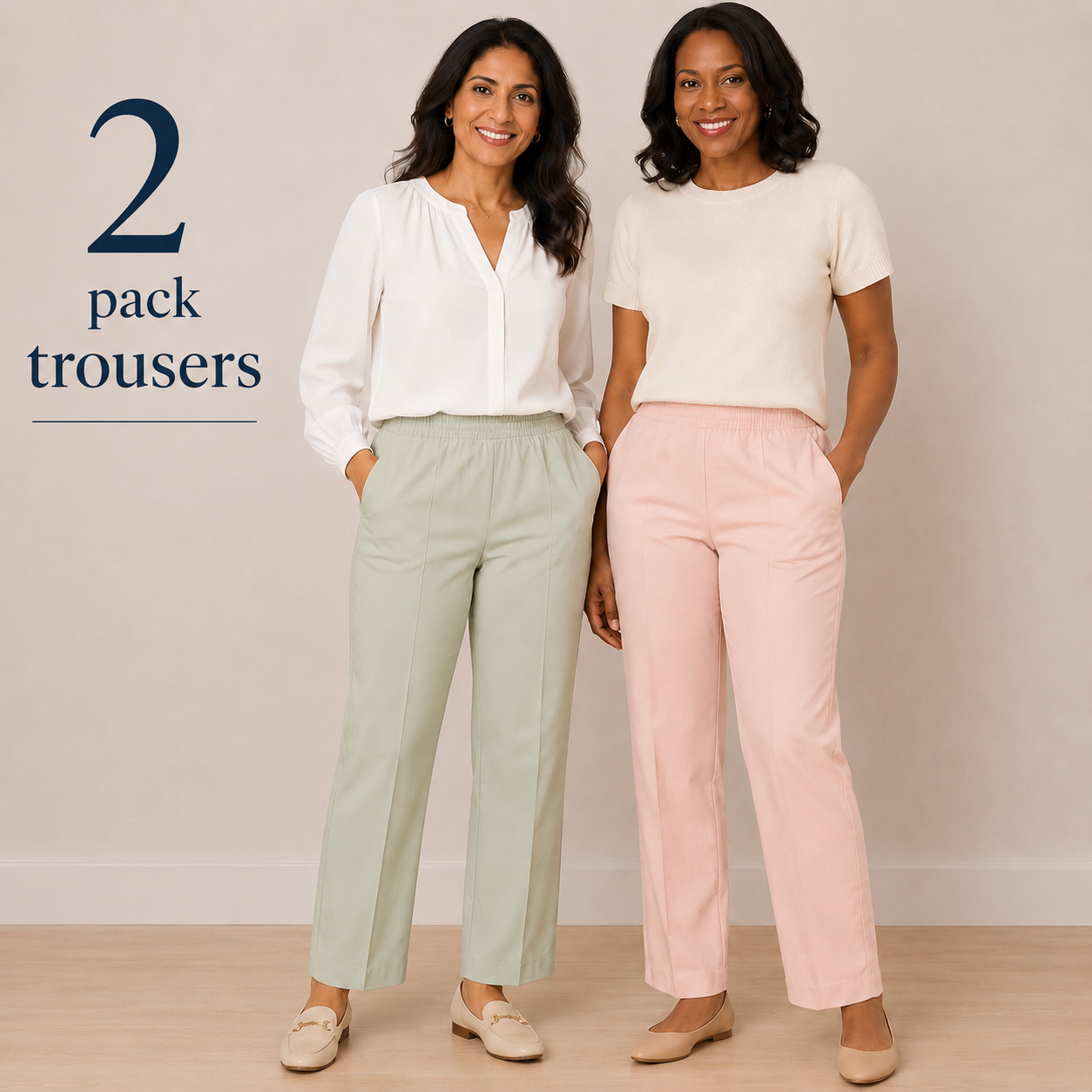 Two women modeling straight-leg trousers in a studio setting, with text on the left reading '2 pack trousers.' One pair is light sage green and the other is light blush pink.