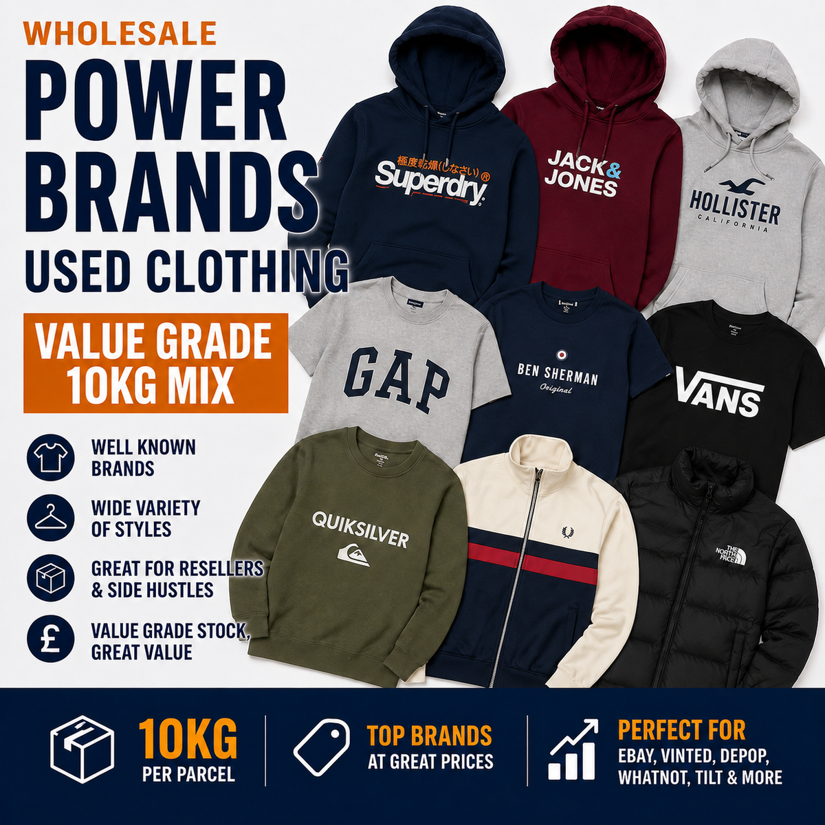 Promotional graphic for a wholesale used clothing lot, showing multiple hoodies and sweatshirts from brands including Superdry, Jack & Jones, Hollister, GAP, Quiksilver, Ben Sherman, Vans, and Fred Perry. Large text advertises a 10KG mix of wholesale power brands used clothing.