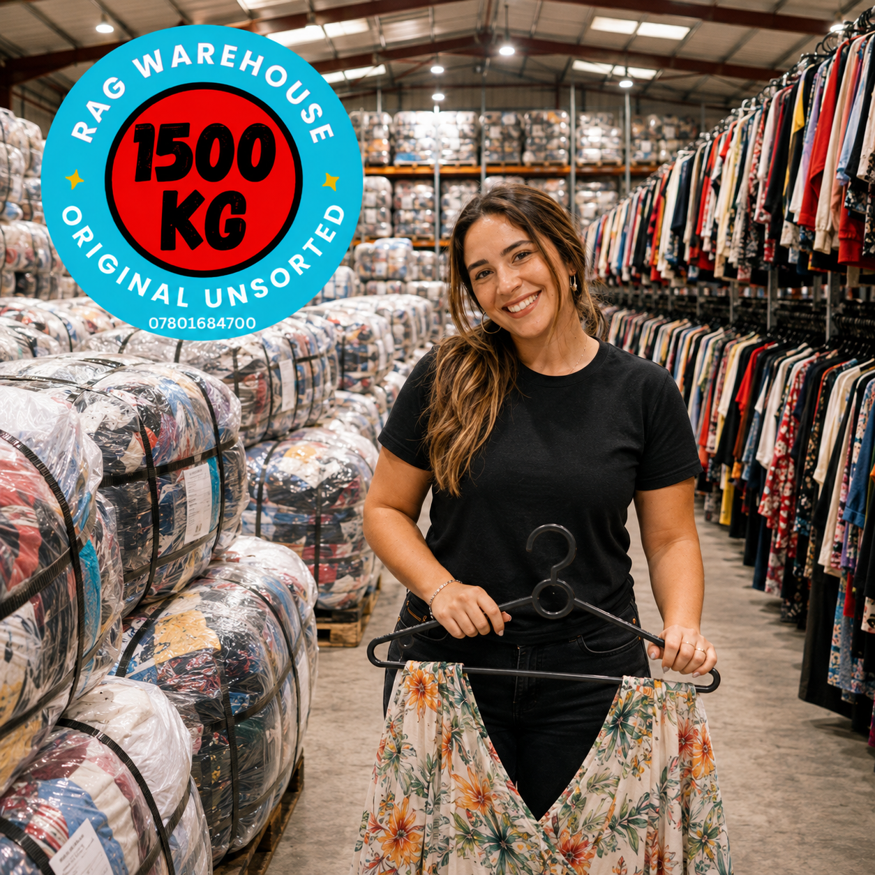 A woman stands in a warehouse aisle holding a floral dress on a black hanger, surrounded by stacks of packaged clothing and hanging garments. A large circular badge in the top left reads 'RAG WAREHOUSE 1500 KG ORIGINAL UNSORTED'.