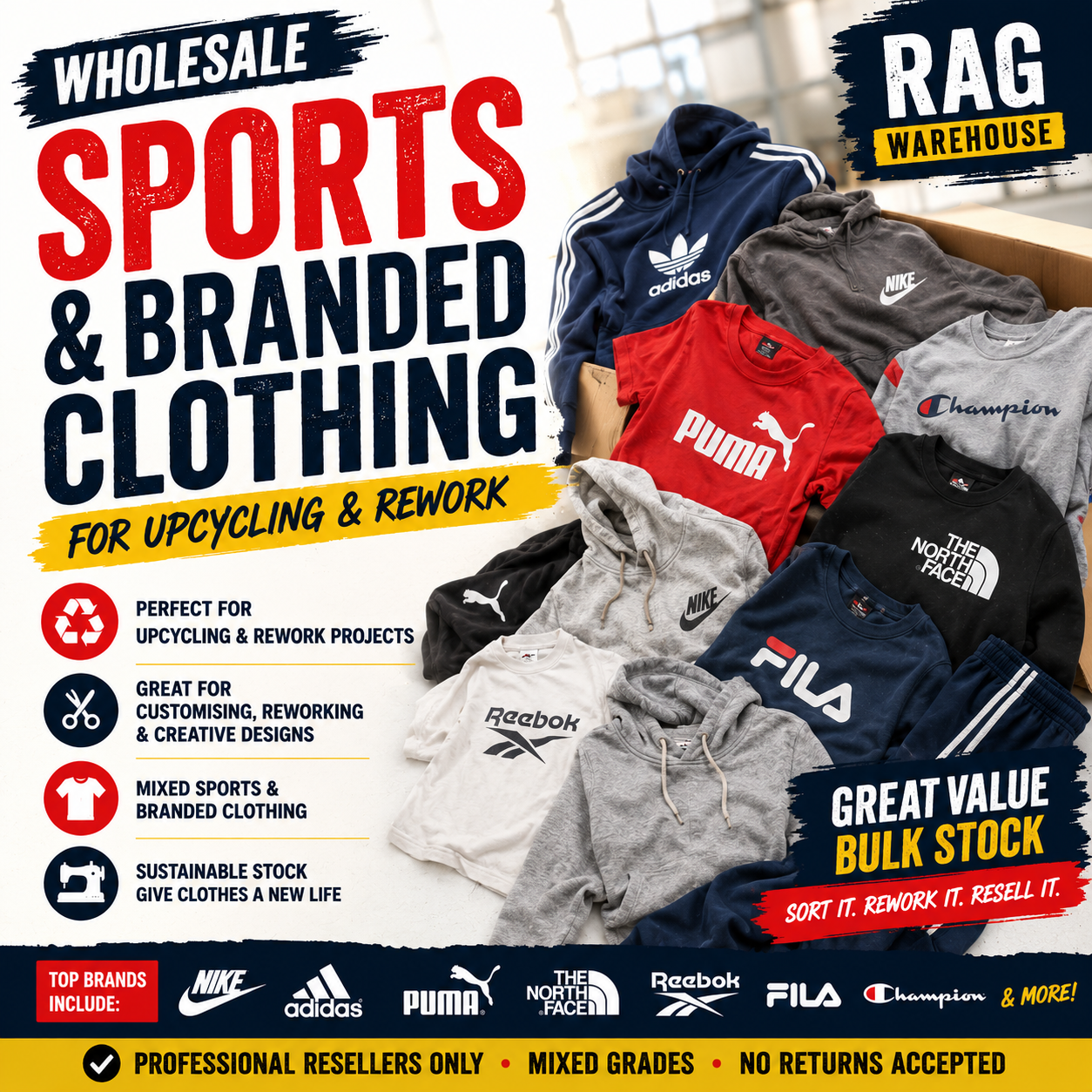 This wholesale branded clothing bundle is sourced from UK collections and is intended primarily for upcycling, repair, rework and textile reuse.