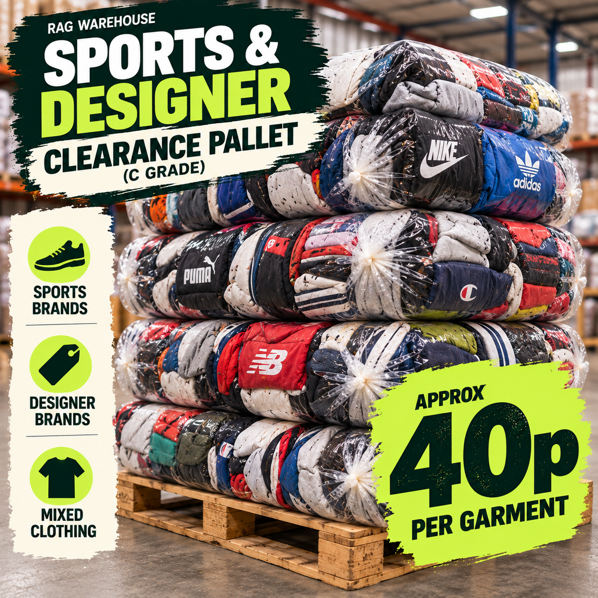 Sports & Designer C Grade Clearance Pallet gives resellers 100kg of wholesale second-hand branded adult clothing for just £150 – only £1.50 per kg.