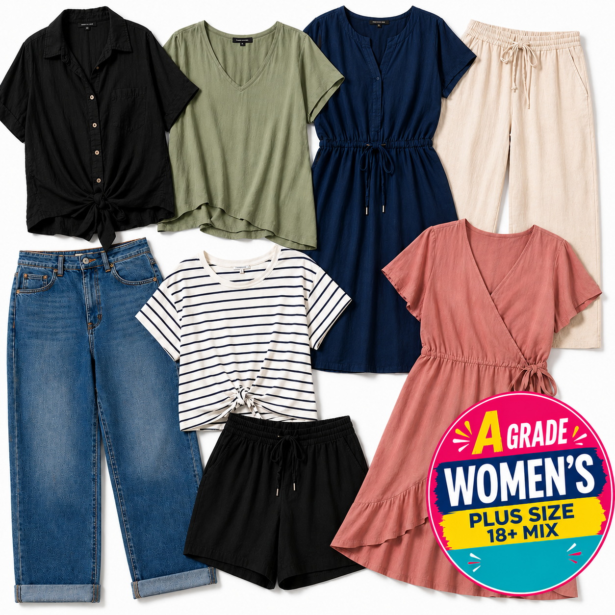 A collage of women's plus-size clothing options on a white background, including a black button-front top, olive green V-neck top, navy drawstring dress, cream drawstring pants, blue jeans, black shorts, white-and-navy striped tie-front top, and a dusty pink wrap dress. A circular badge reads 'A GRADE WOMEN'S PLUS SIZE 18+ MIX'.