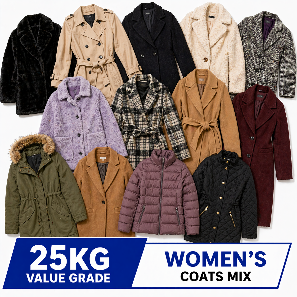 Collection of women's coats with a '25KG Value Grade Women's Coats Mix' label.
