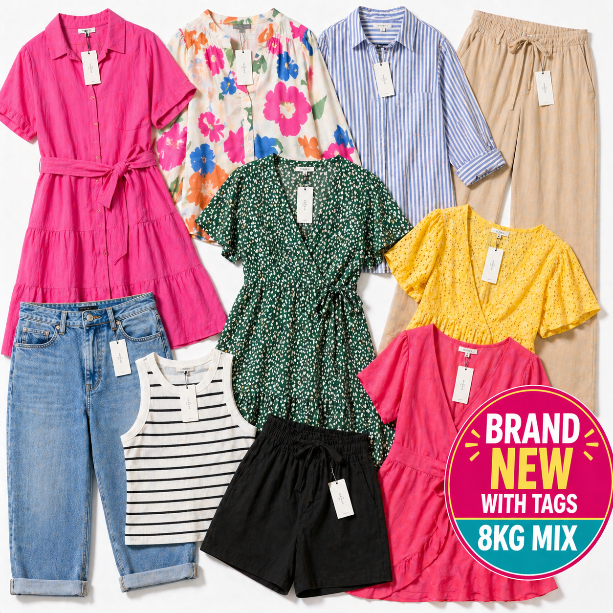 Assorted clothing items including shirts, pants, and dresses with tags on a white background.