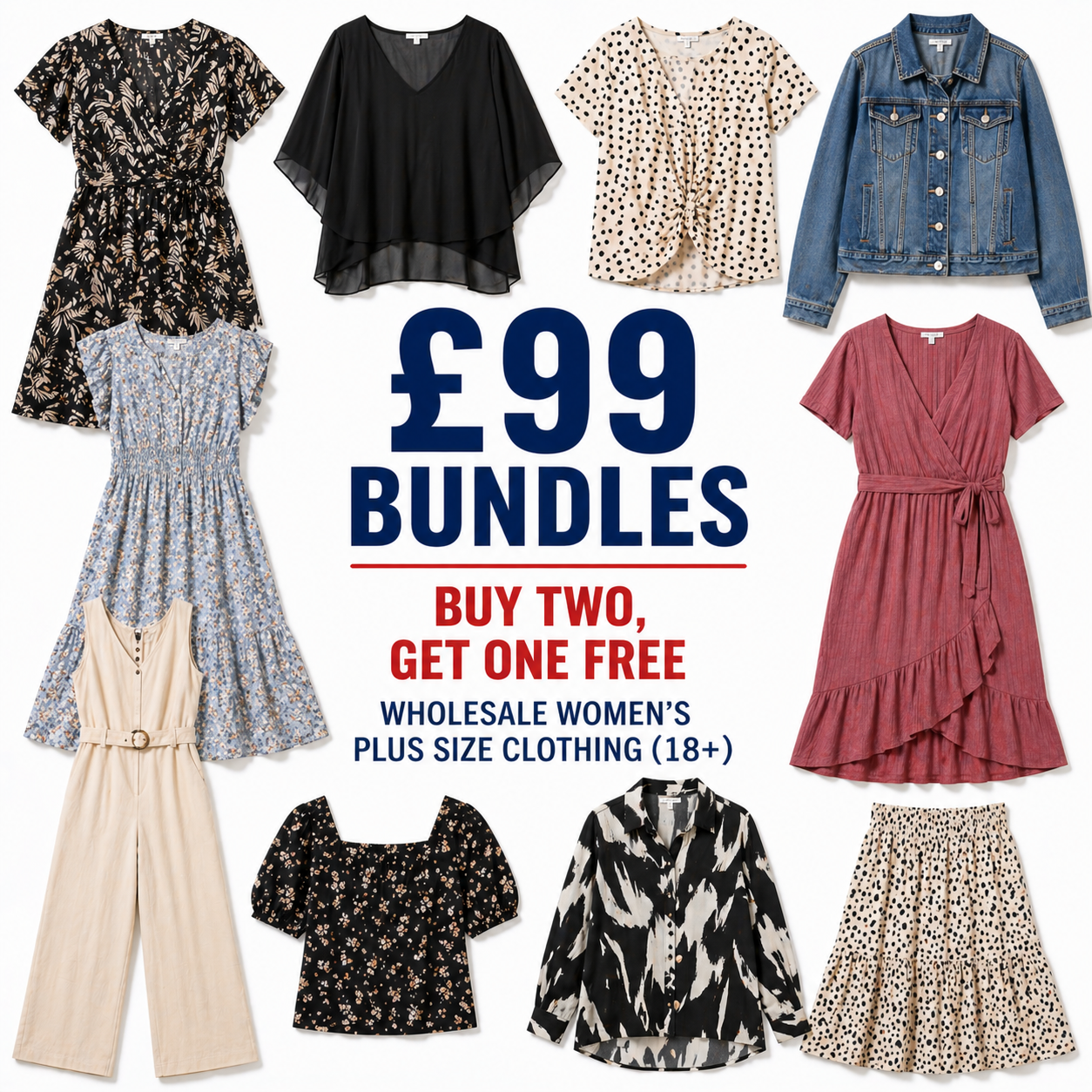 Collage of women's clothing items with promotional text for £99 bundles.