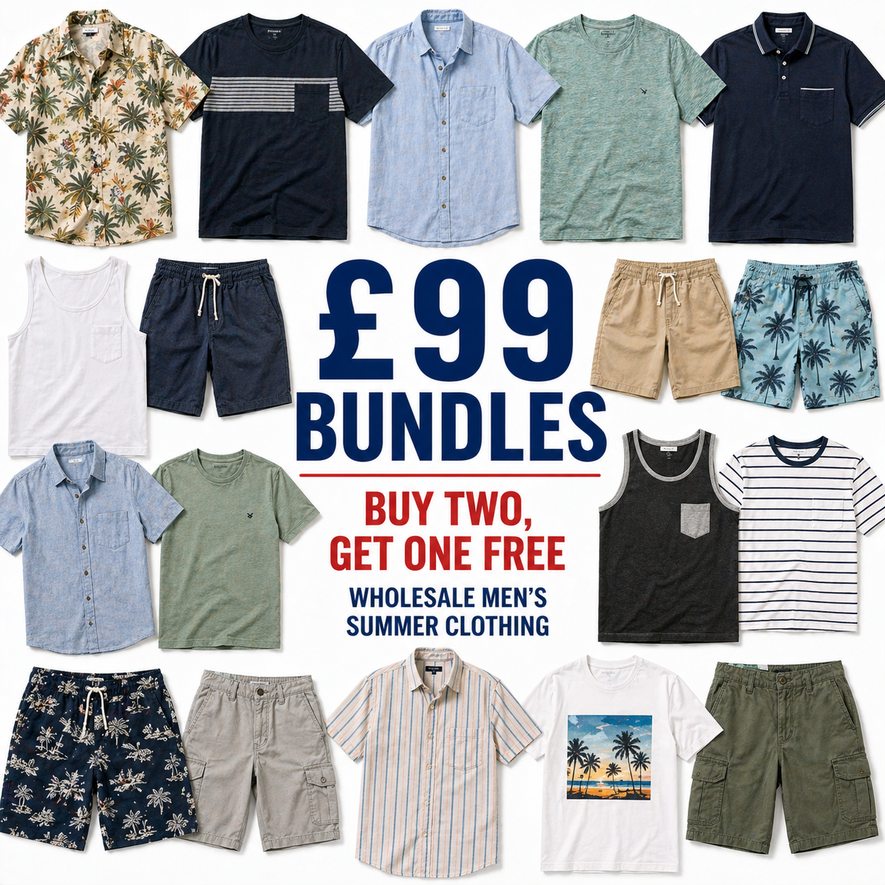 Collage of men's summer clothing with promotional text for bundles and free items.