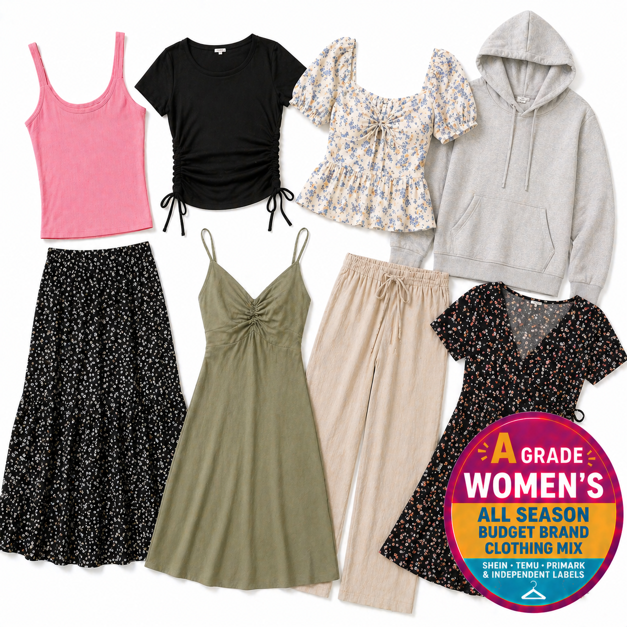 Collection of women's clothing items including tops, dresses, and pants with a label indicating 'A Grade Women's All Season Budget Brand Clothing Mix'.