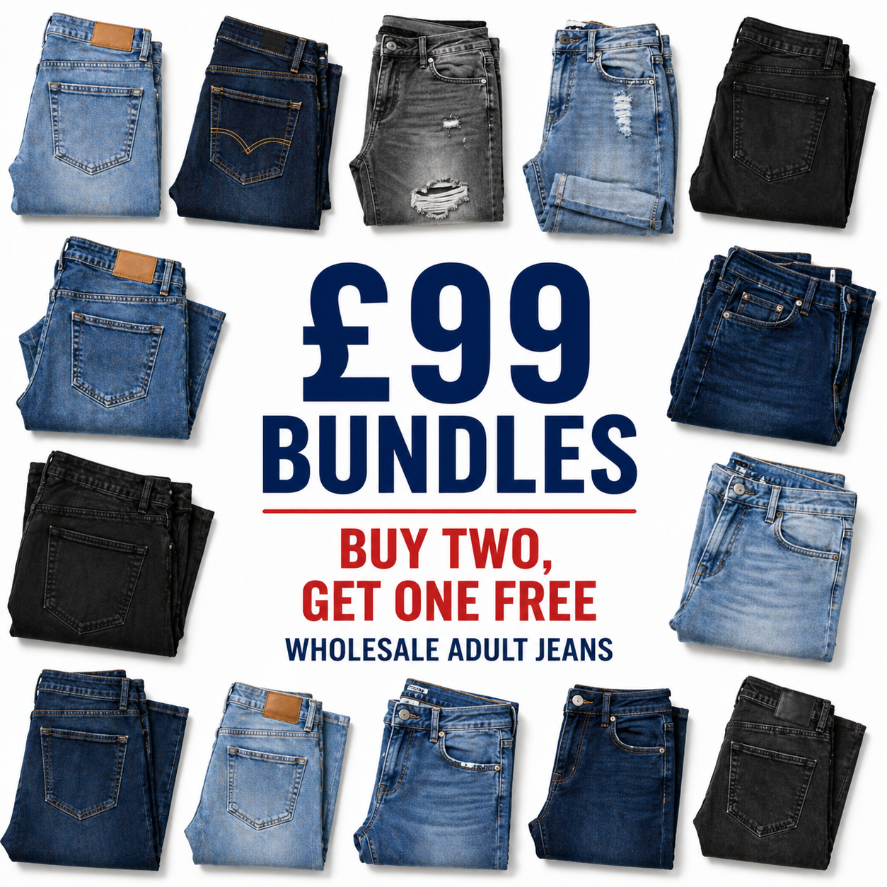 Promotional image of wholesale adult jeans with various styles and colors, featuring a bundle offer.