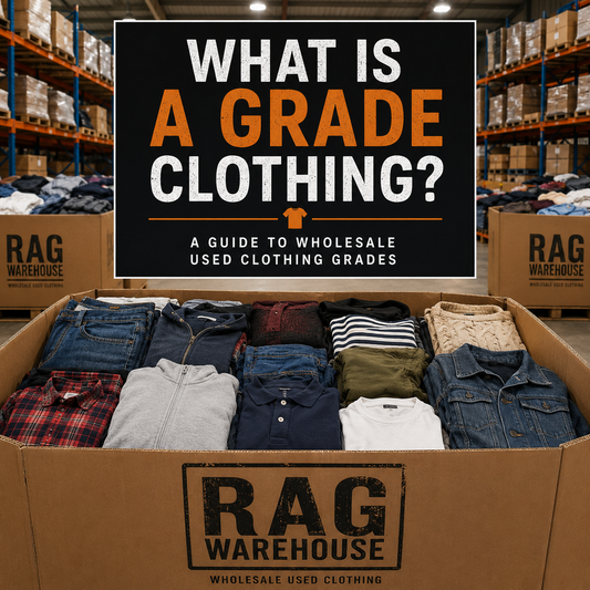 What Is A Grade Clothing? Wholesale used clothing guide with folded garments in a warehouse sorting box and Rag Warehouse branding.