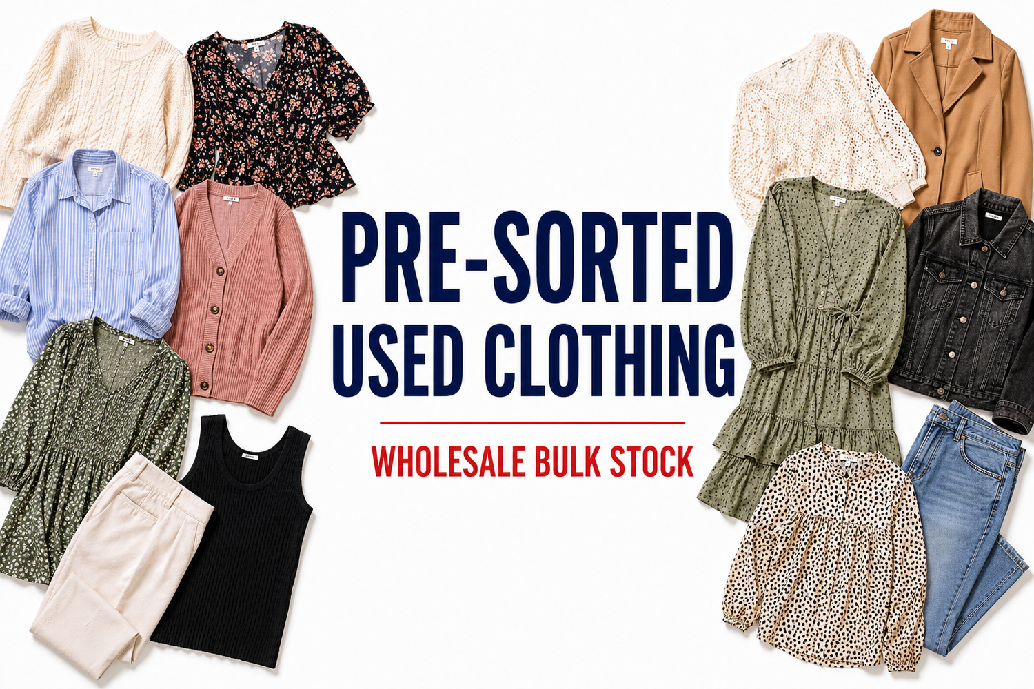 Wholesale pre-sorted used clothing promotional graphic featuring assorted women's garments arranged around bold "Pre-Sorted Used Clothing" text. Affordable wholesale bulk stock for clothing resellers.