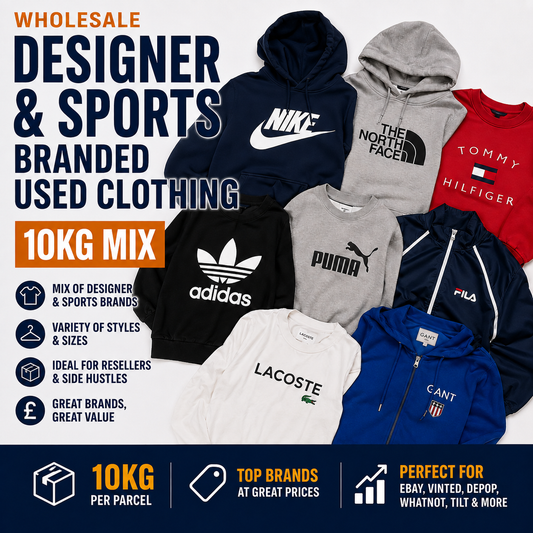 Wholesale designer and sports branded used clothing with various brand logos on a white background.
