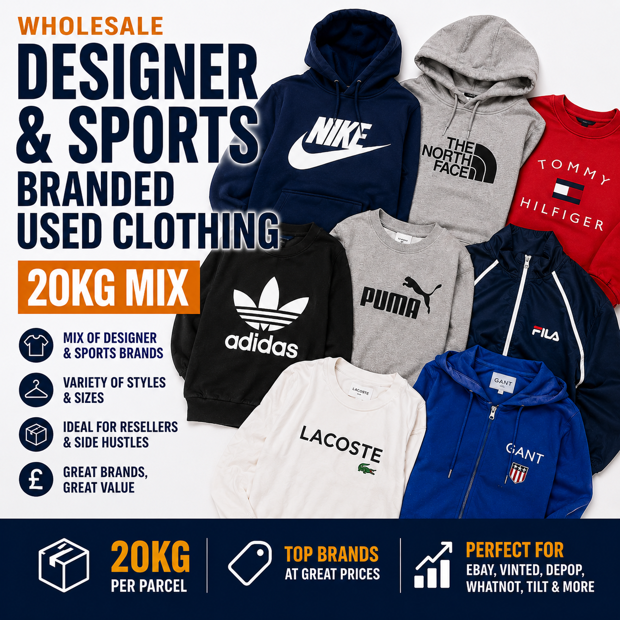 Promotional graphic for a wholesale mix of designer and sports branded used clothing, showing multiple hoodies, sweatshirts, and jackets layered together. Visible brands include Nike, The North Face, Tommy Hilfiger, Adidas, Puma, FILA, Lacoste, and Gant.