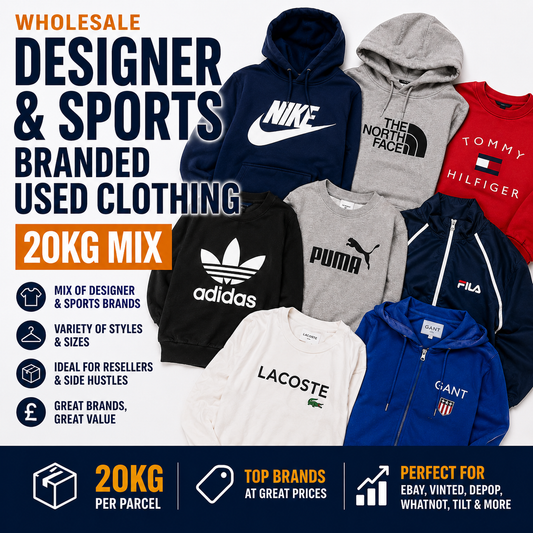 Promotional graphic for a wholesale mix of designer and sports branded used clothing, showing multiple hoodies, sweatshirts, and jackets layered together. Visible brands include Nike, The North Face, Tommy Hilfiger, Adidas, Puma, FILA, Lacoste, and Gant.