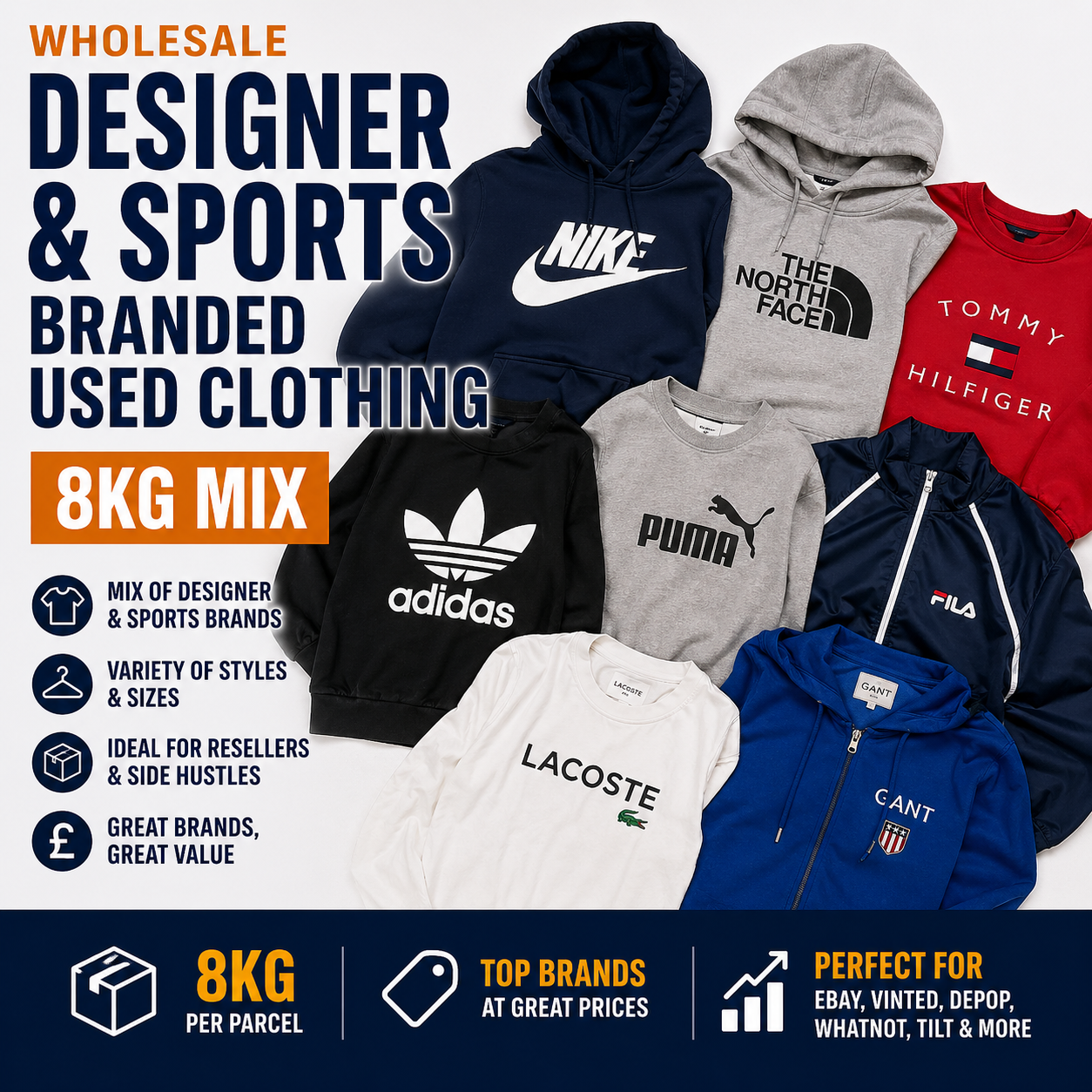 Wholesale designer and sports branded used clothing with various brand logos on a white background.