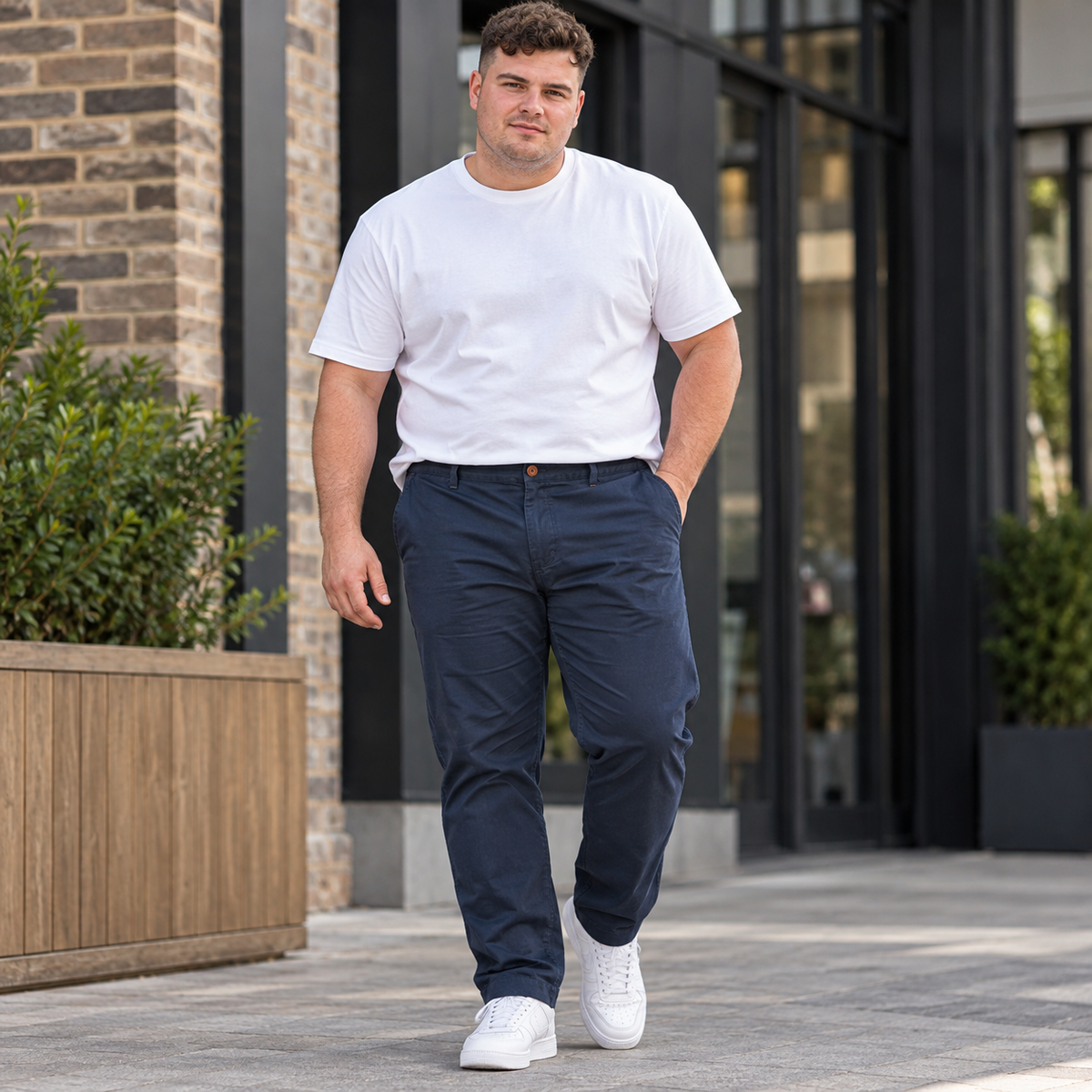 A man walking outdoors wearing a white crew-neck t-shirt, navy blue pants, and white sneakers.