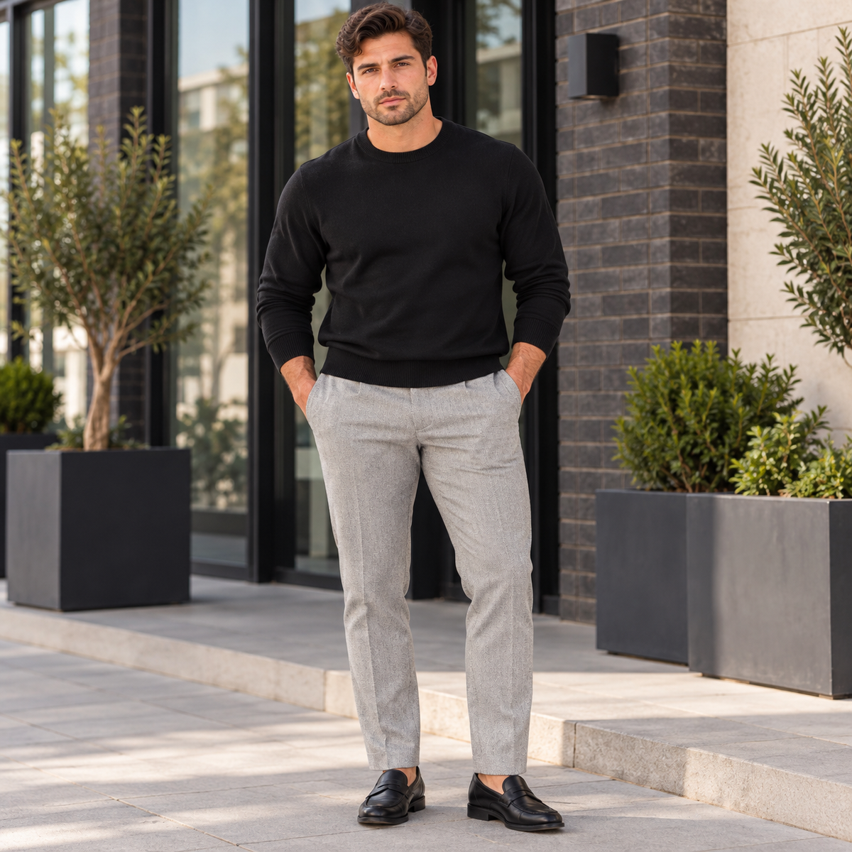 A man wearing a black crewneck sweater and light gray trousers stands outdoors on a paved walkway in front of a modern building with large windows and planters.