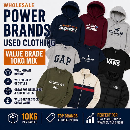 Promotional graphic for a wholesale used clothing lot, showing multiple hoodies and sweatshirts from brands including Superdry, Jack & Jones, Hollister, GAP, Quiksilver, Ben Sherman, Vans, and Fred Perry. Large text advertises a 10KG mix of wholesale power brands used clothing.