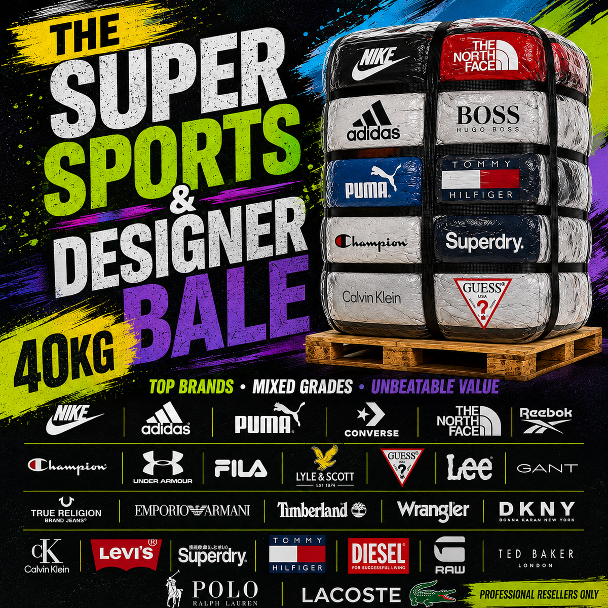Promotional graphic for a 40kg wholesale resale pallet of sports apparel. The central subject is a stacked, shrink-wrapped pallet showing multiple brand logos including Nike, Adidas, Puma, The North Face, Boss, Tommy Hilfiger, Champion, Superdry, Calvin Klein, and GUESS.