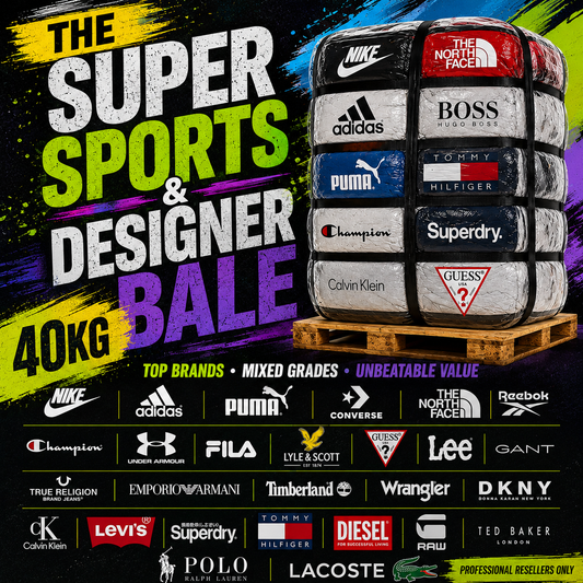 Promotional graphic for a 40kg wholesale resale pallet of sports apparel. The central subject is a stacked, shrink-wrapped pallet showing multiple brand logos including Nike, Adidas, Puma, The North Face, Boss, Tommy Hilfiger, Champion, Superdry, Calvin Klein, and GUESS.