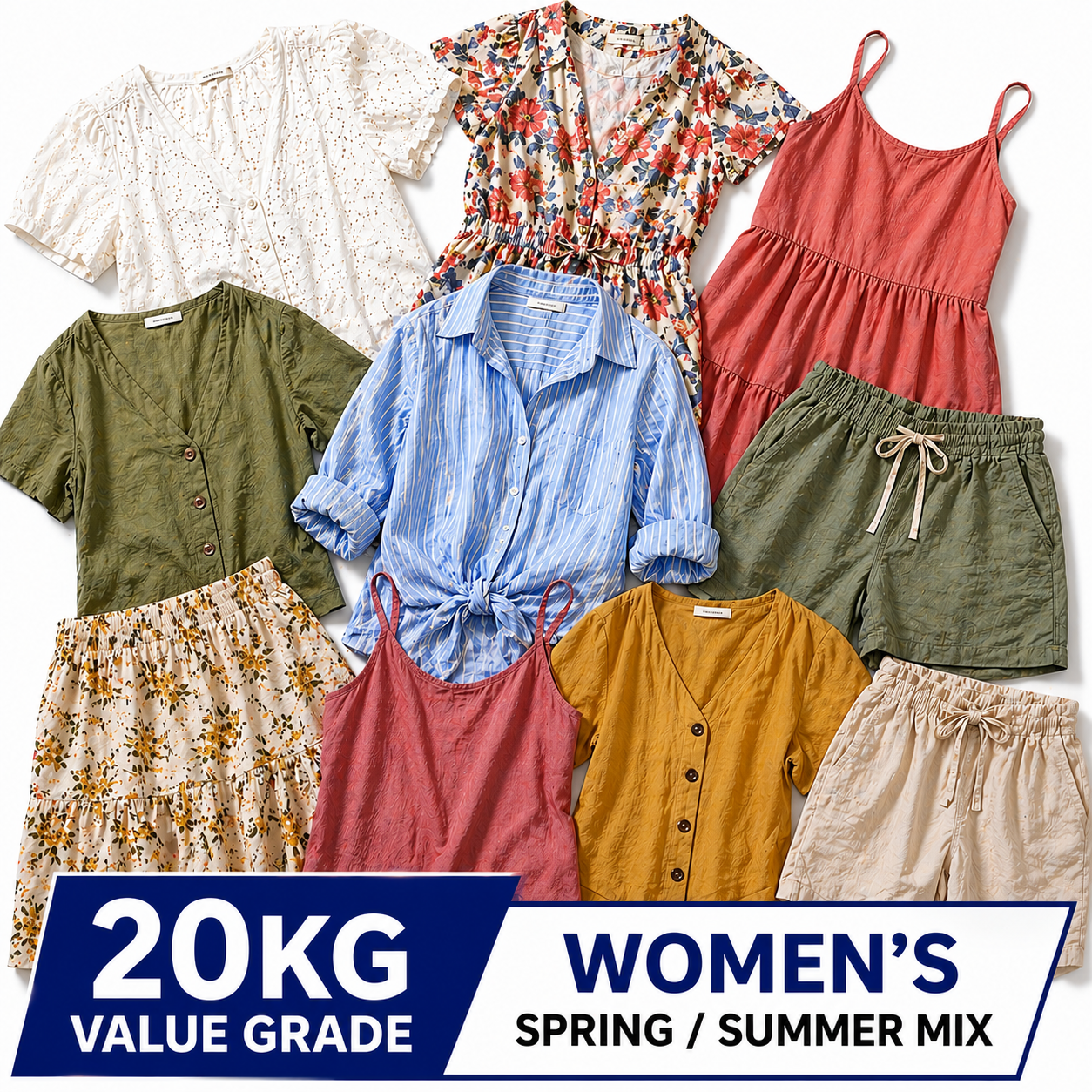 A flat lay of multiple women's spring/summer clothing items arranged together on a white background, with a blue and white banner at the bottom reading '20KG VALUE GRADE WOMEN'S SPRING / SUMMER MIX.' Visible garments include floral and solid tops, camisole-style dresses, button-front shirts, shorts, and skirt sets in white, green, blue, rust red, mustard yellow, and beige.