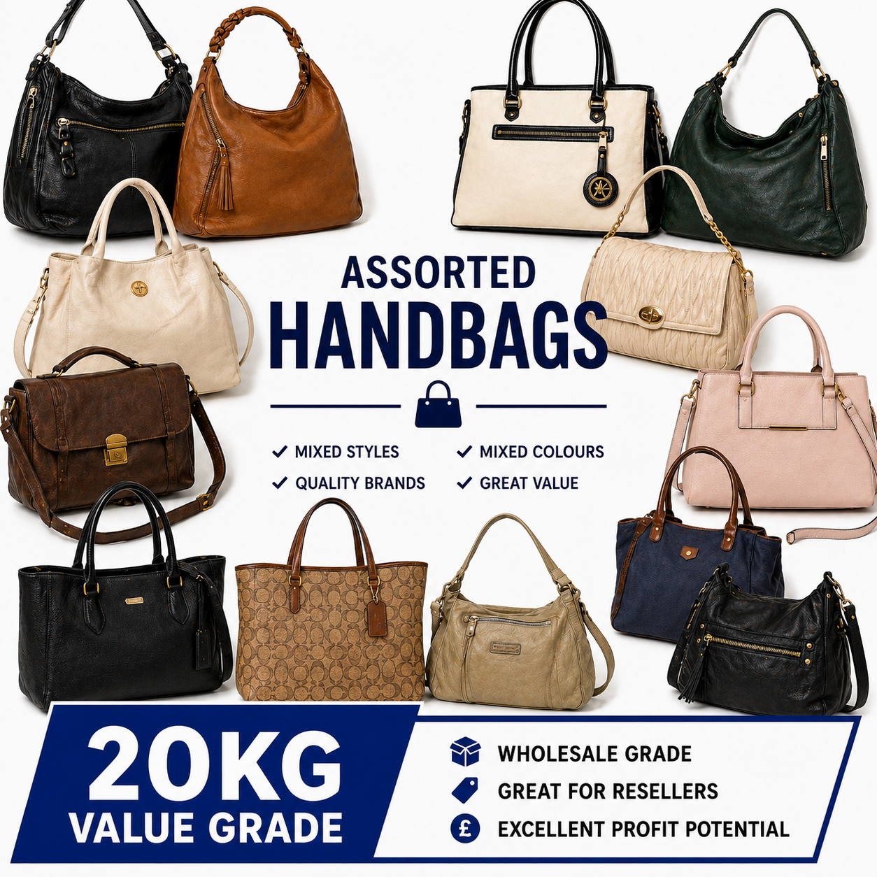 A promotional collage showing multiple assorted handbags in different colors and styles, with text reading 'ASSORTED HANDBAGS' and additional selling points including '20KG VALUE GRADE' and 'WHOLESALE GRADE GREAT FOR RESELLERS EXCELLENT PROFIT POTENTIAL'.