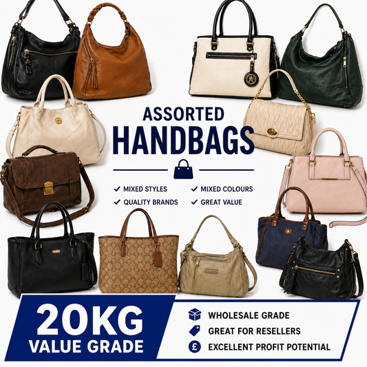 A promotional collage showing multiple assorted handbags in different colors and styles, with text reading 'ASSORTED HANDBAGS' and additional selling points including '20KG VALUE GRADE' and 'WHOLESALE GRADE GREAT FOR RESELLERS EXCELLENT PROFIT POTENTIAL'.