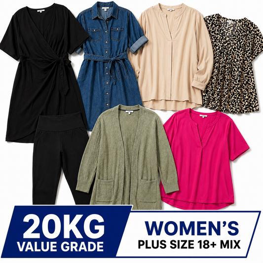 A collage showing multiple women's plus-size clothing items in different colors: black wrap-style top and black pants, blue denim shirt dress, beige long-sleeve blouse, black-and-beige leopard print top, olive green cardigan, and bright pink blouse. Large text at the bottom reads '20KG VALUE GRADE' and 'WOMEN'S PLUS SIZE 18+ MIX'.