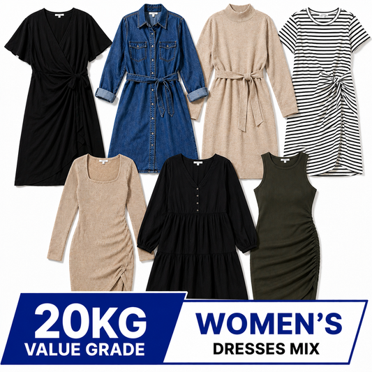 A collage showing eight women's dresses in different styles and colors, including black, blue denim, beige, and black-and-white striped options, with a blue and white banner at the bottom reading '20KG VALUE GRADE WOMEN'S DRESSES MIX'.