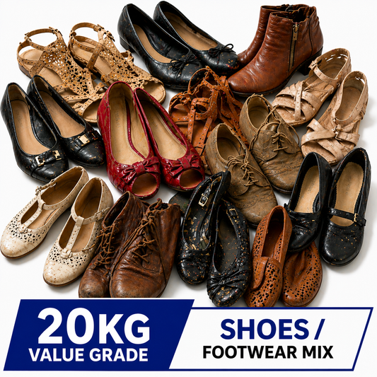 A large assortment of women's and casual shoes piled together on a white background, including flats, heels, lace-up shoes, and ankle boots in black, brown, tan, red, and beige. A blue banner at the bottom reads '20KG VALUE GRADE SHOES / FOOTWEAR MIX'.