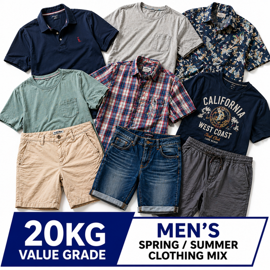 A flat lay of assorted men's spring/summer clothing on a white background, featuring a navy polo, light gray tee, navy floral shirt, sage green tee, red plaid button-up, blue jeans, gray shorts, and a navy graphic tee, with a blue banner reading '20KG VALUE GRADE MEN'S SPRING / SUMMER CLOTHING MIX'.