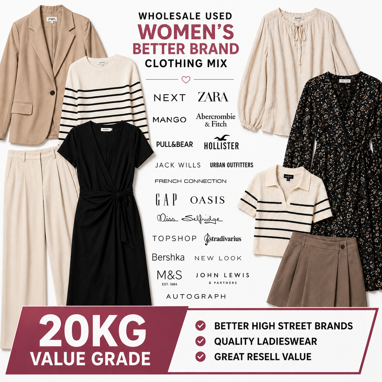 A promotional collage for a wholesale used women's clothing mix, showing multiple apparel items including blazers, striped tops, a black dress, floral blouse, shorts, and trousers, with text listing brands and a '20KG VALUE GRADE' banner.