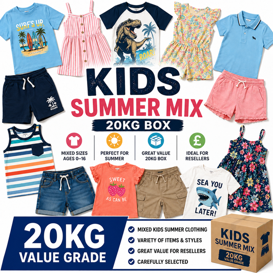 A promotional collage for a kids' summer clothing mix, showing multiple children's outfits arranged around large text reading 'KIDS SUMMER MIX 20KG BOX' with feature callouts and a cardboard box at the bottom right.