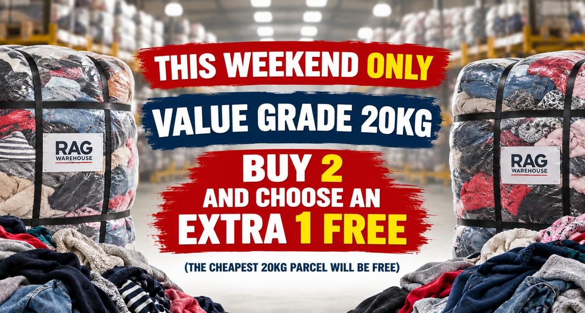 Promotional graphic for RAG Warehouse 20kg clothing parcels, showing two large wrapped bundles flanking bold text that reads 'THIS WEEKEND ONLY VALUE GRADE 20KG BUY 2 AND CHOOSE AN EXTRA 1 FREE'.