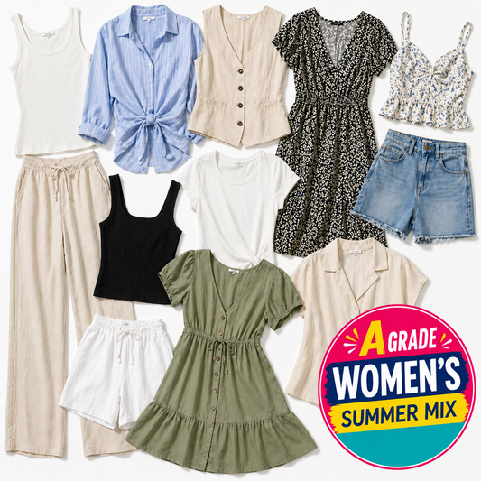 A flat lay of ten women's summer outfits arranged on a white background, featuring a white tank top, light blue button-up shirt, beige vest, black-and-white patterned dress, floral camisole, denim shorts, beige pants, black tank top, white shorts, and an olive green ruffled dress. A circular badge in the bottom right reads 'A Grade Women's Summer Mix'.