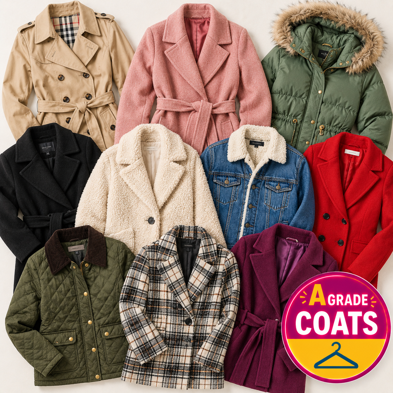 A collage of multiple women's coats and jackets arranged on a white background, including trench coats, puffer coats, sherpa coats, denim jackets, and plaid blazers in beige, pink, green, black, cream, blue, red, and purple. A circular badge in the lower right reads 'A GRADE COATS'.