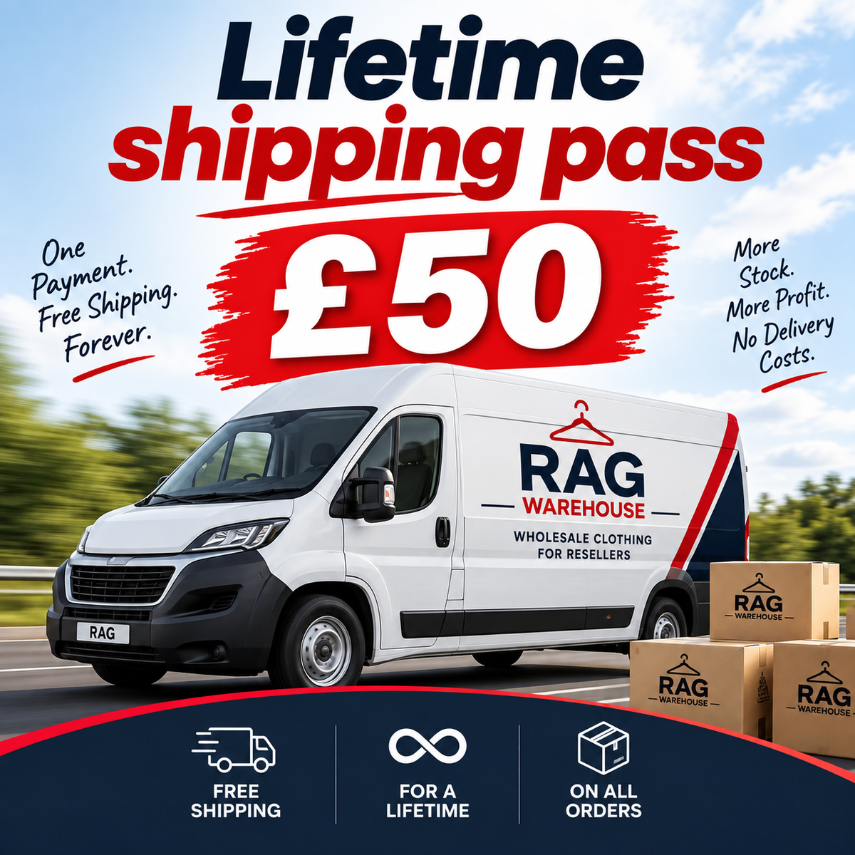 Promotional graphic for a RAG Warehouse lifetime shipping pass valued at £50. The image features a white delivery van with RAG Warehouse branding on a road with green trees in the background, alongside cardboard boxes and text overlays highlighting benefits like free shipping and lifetime payment.