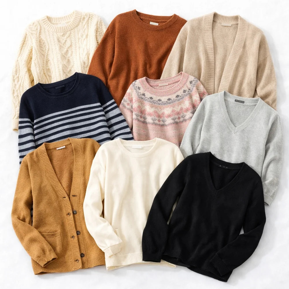 A flat lay collection of eight women's knit sweaters in various colors and styles, including cardigans, crewneck sweaters, and V-neck pullovers, arranged neatly on a white background.