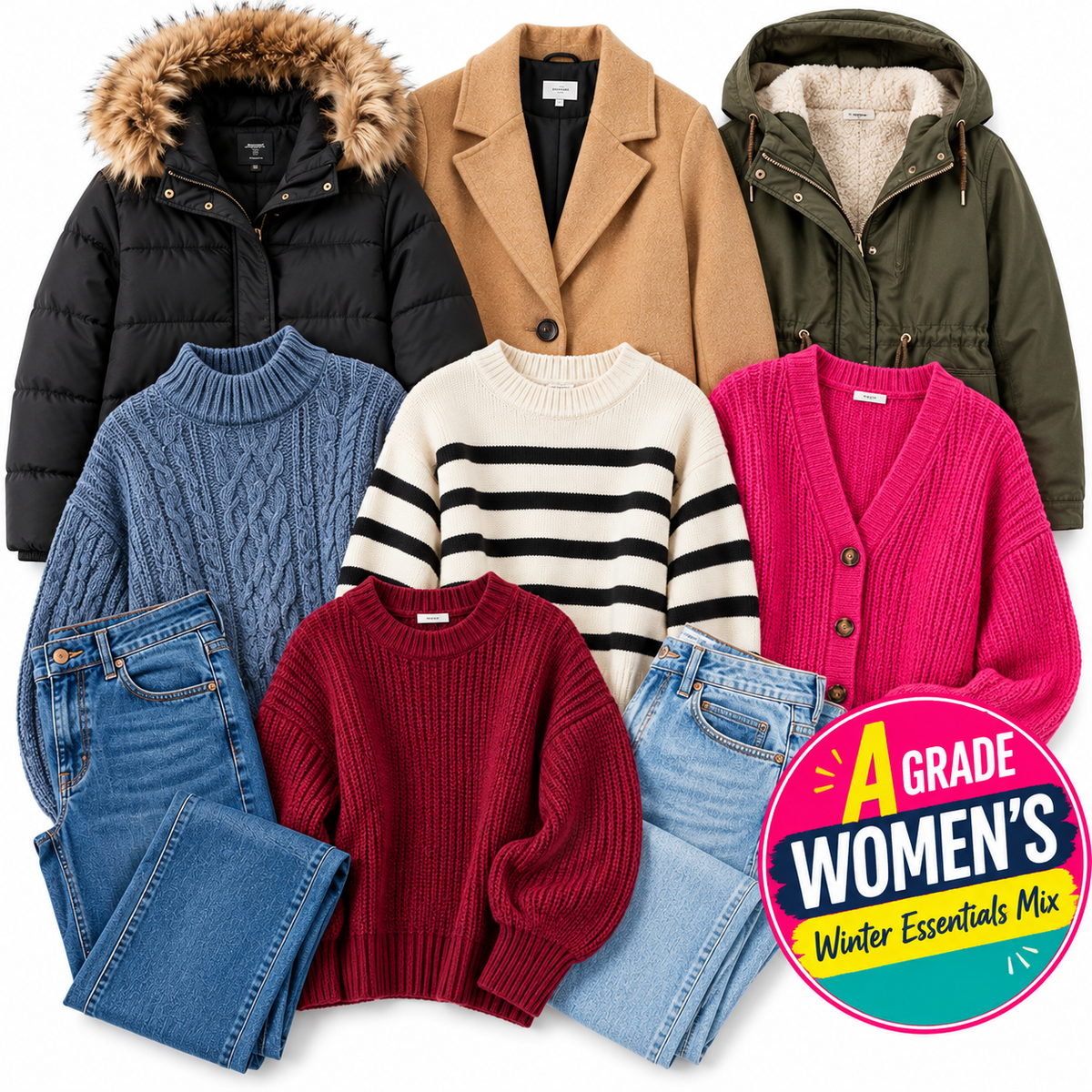 A flat lay of women's winter apparel arranged in a collage on a white background, including a black puffer coat with faux fur trim, a camel blazer, an olive green parka, a blue cable-knit sweater, a cream and black striped sweater, a bright pink cardigan, a burgundy knit sweater, and light-wash jeans. A circular badge in the lower right reads 'A Grade Women's Winter Essentials Mix'.