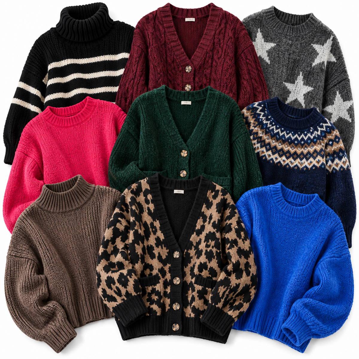 A flat lay collection of eight different knit cardigans and sweaters in various colors and patterns, including stripes, stars, Fair Isle, leopard print, and solid tones.