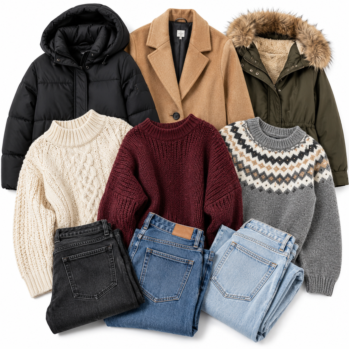 A flat lay of folded women's clothing on a white background, including a black puffer jacket, tan coat, green parka with fur trim, cream cable-knit sweater, burgundy knit sweater, gray patterned sweater, black jeans, blue jeans, and light blue jeans.
