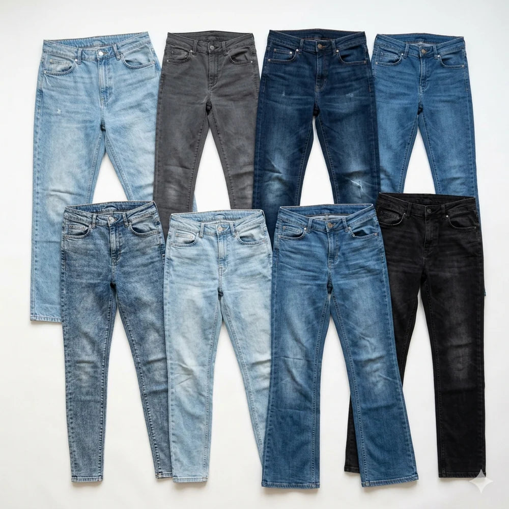 Nine pairs of jeans in various shades of blue and black on a white background