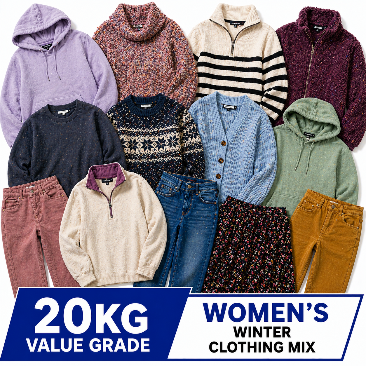 A flat lay collage of assorted women's winter clothing in multiple colors, including hoodies, knit tops, cardigans, jeans, and pants, with a blue and white banner at the bottom reading '20KG VALUE GRADE WOMEN'S WINTER CLOTHING MIX'.