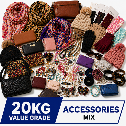 A large assortment of women's fashion accessories arranged on a white background, including scarves, knit hats, wallets, wallets, bags, earrings, necklaces, bracelets, and sunglasses. A blue and white banner at the bottom reads '20KG ACCESSORIES MIX VALUE GRADE'.