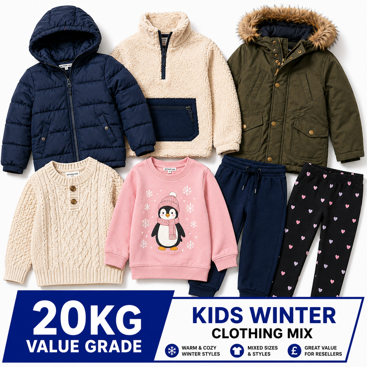 A 20kg kids' winter clothing mix set featuring six different children's outfits: a navy puffer jacket, a cream sherpa half-zip, an olive green parka with faux fur trim, a cream cable-knit sweater, a pink penguin sweatshirt, navy pants, and black heart-print pants. A blue and white banner at the bottom reads '20KG VALUE GRADE KIDS WINTER CLOTHING MIX'.