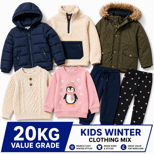 A 20kg kids' winter clothing mix set featuring six different children's outfits: a navy puffer jacket, a cream sherpa half-zip, an olive green parka with faux fur trim, a cream cable-knit sweater, a pink penguin sweatshirt, navy pants, and black heart-print pants. A blue and white banner at the bottom reads '20KG VALUE GRADE KIDS WINTER CLOTHING MIX'.