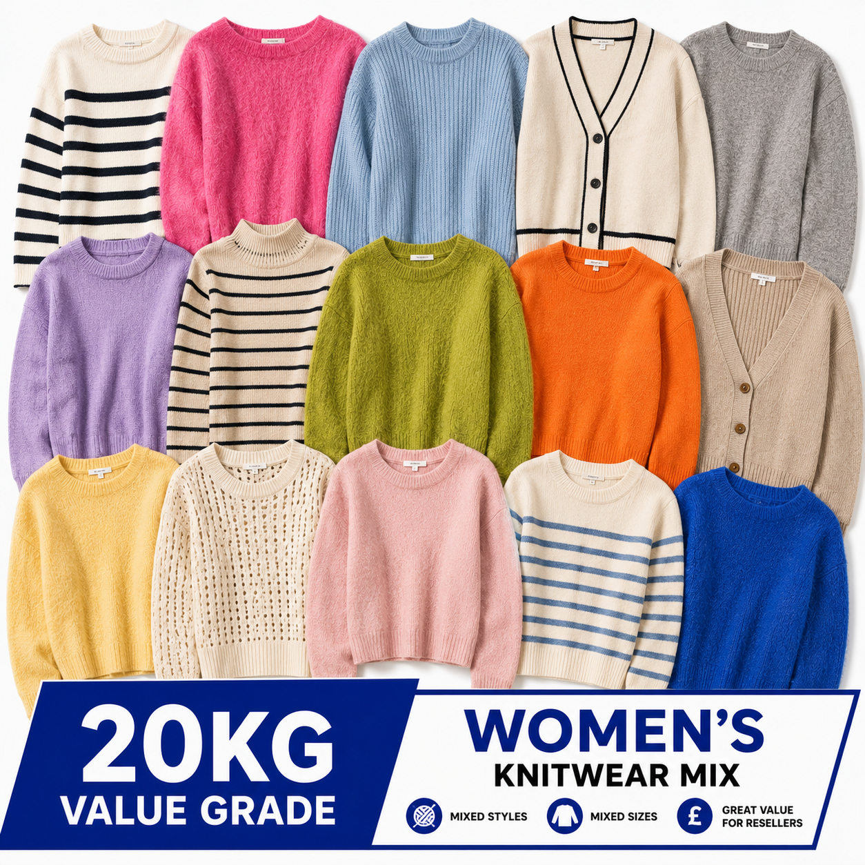 A collage of assorted women's knit sweaters in multiple colors and patterns, including stripes, solid, and cardigan styles, with a blue and white banner at the bottom reading '20KG VALUE GRADE WOMEN'S KNITWEAR MIX'.