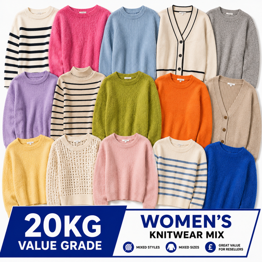 A collage of assorted women's knit sweaters in multiple colors and patterns, including stripes, solid, and cardigan styles, with a blue and white banner at the bottom reading '20KG VALUE GRADE WOMEN'S KNITWEAR MIX'.