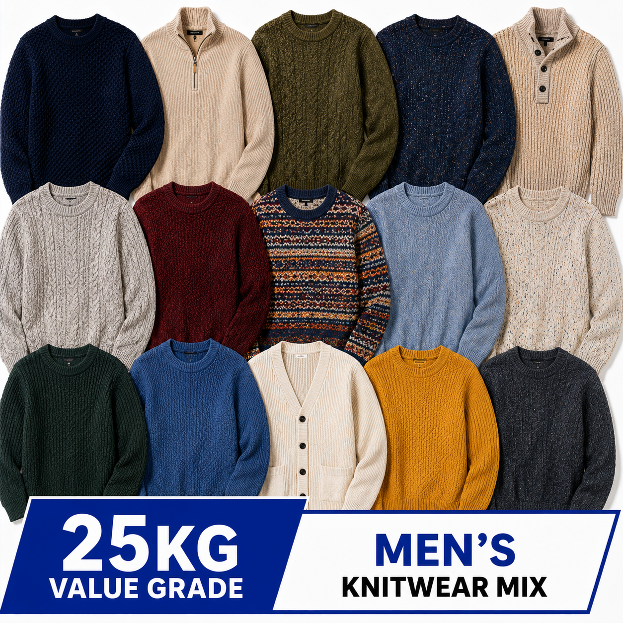 A collage of multiple men's knit sweaters in assorted colors and patterns, including quarter-zip, crewneck, and button-front styles. A blue and white banner at the bottom reads '25KG VALUE GRADE' and 'MEN'S KNITWEAR MIX'.
