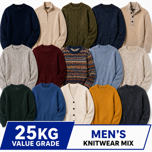 A collage of multiple men's knit sweaters in assorted colors and patterns, including quarter-zip, crewneck, and button-front styles. A blue and white banner at the bottom reads '25KG VALUE GRADE' and 'MEN'S KNITWEAR MIX'.