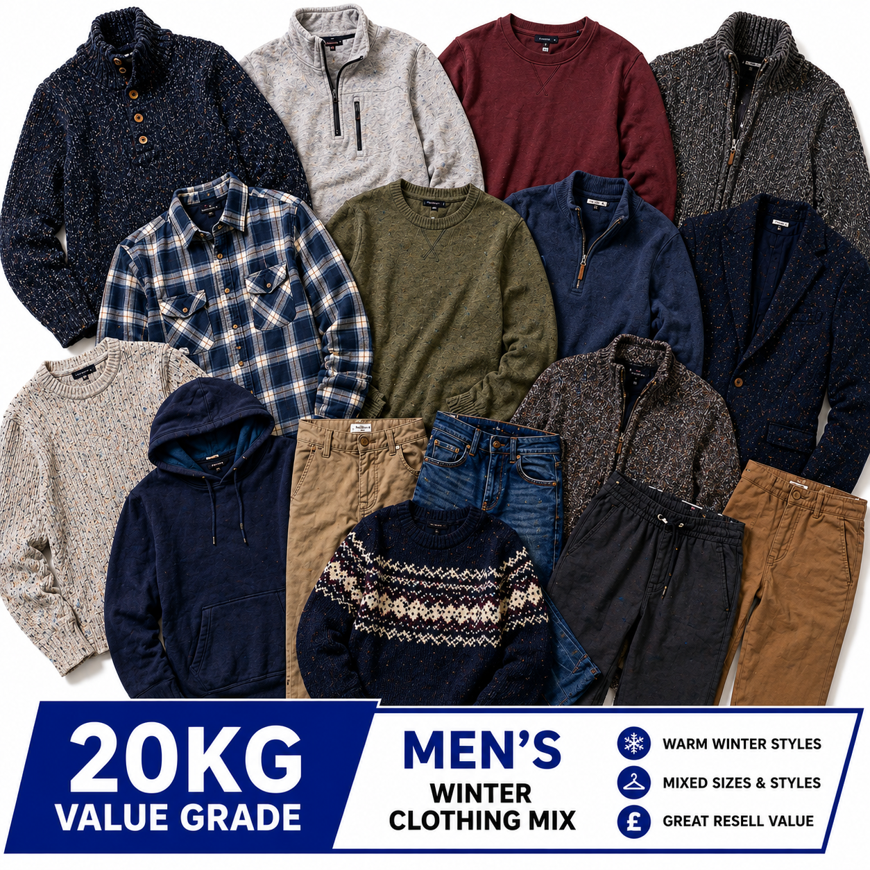 A flat lay collage of assorted men's winter clothing on a white background, including pullovers, hoodies, flannel shirts, sweatshirts, and pants. A blue and white banner at the bottom reads '20KG VALUE GRADE' and 'MEN'S WINTER CLOTHING MIX' with additional selling text and icons.